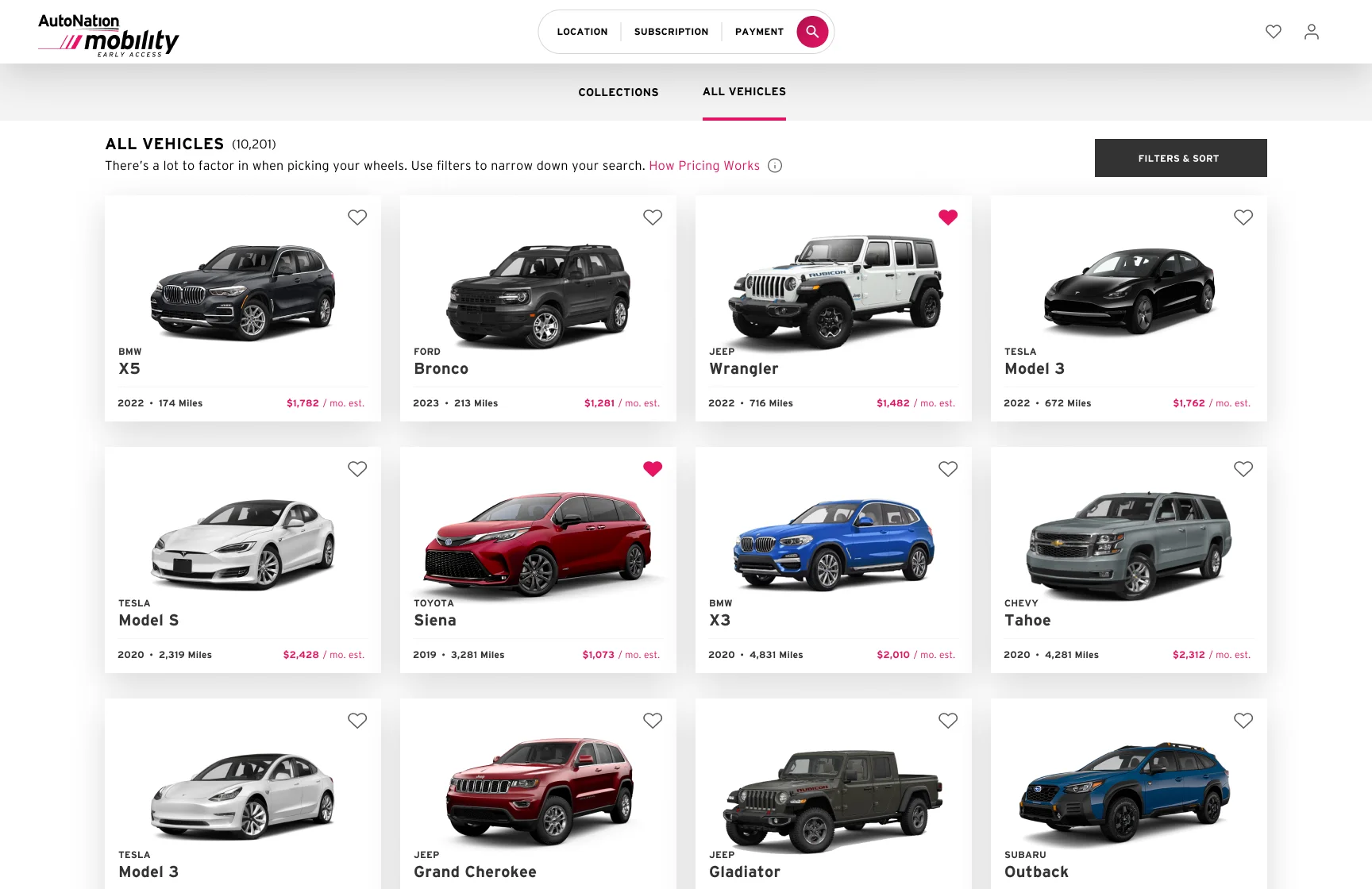 All vehicles grid with filters and sort
