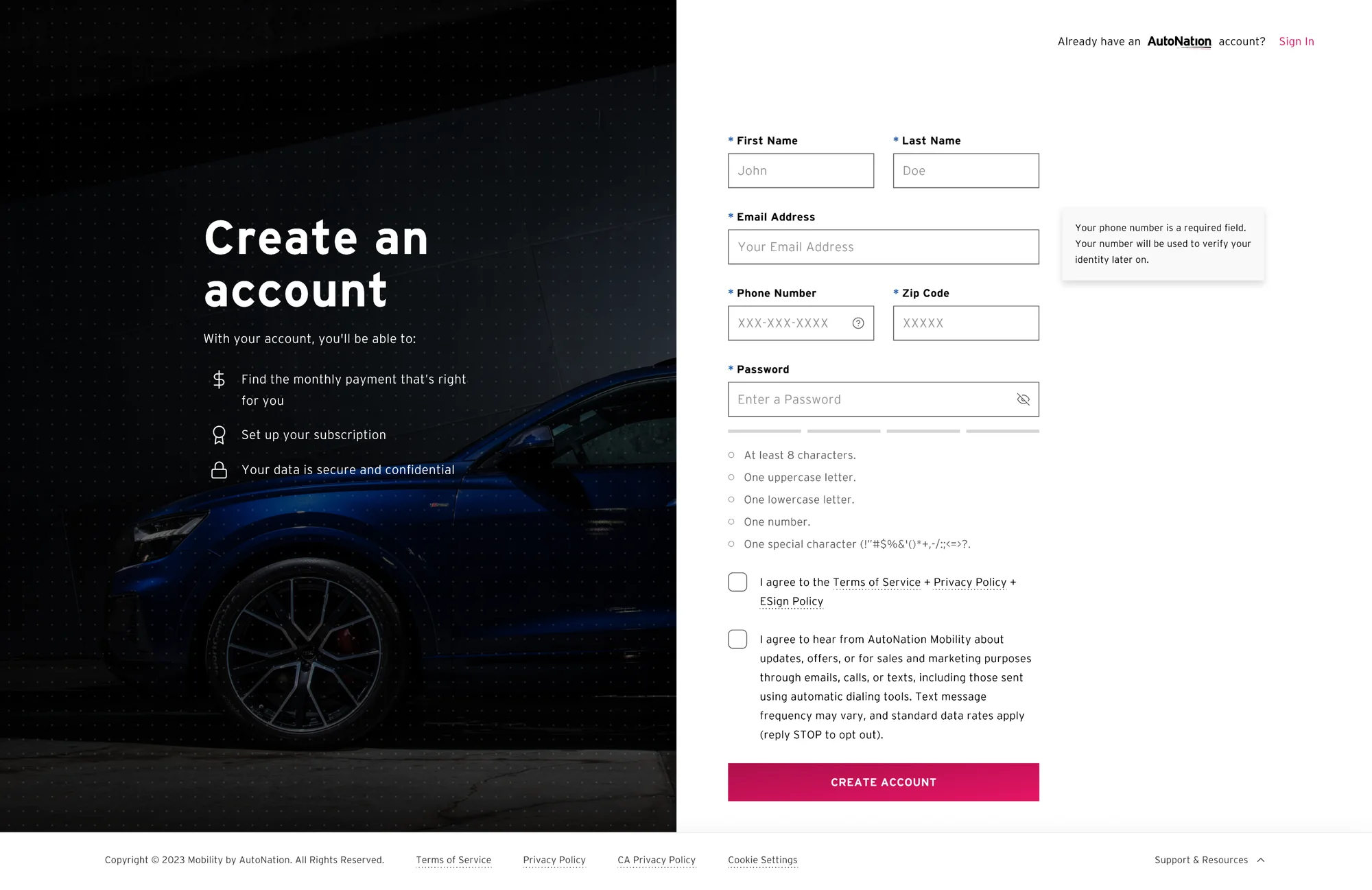 Create an account: a short form beside a list of what the account unlocks