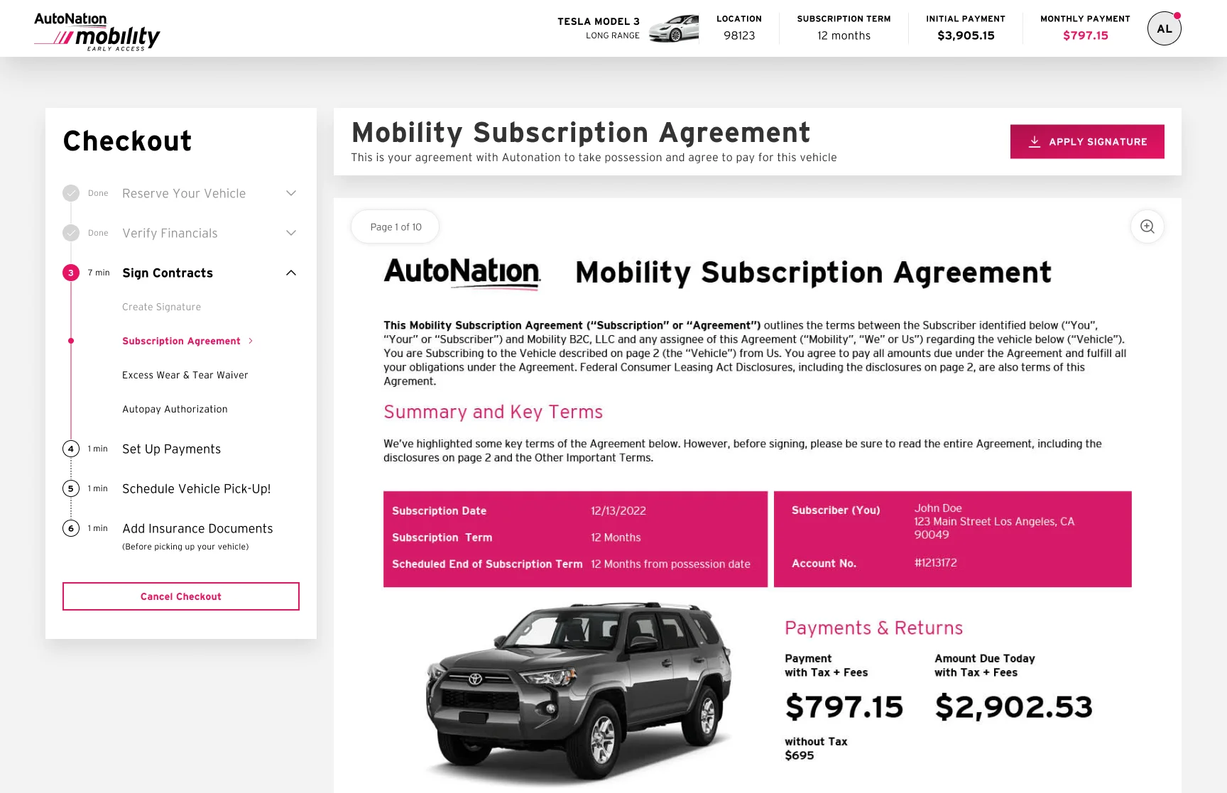 Signing the Mobility Subscription Agreement, with key terms summarized at the top