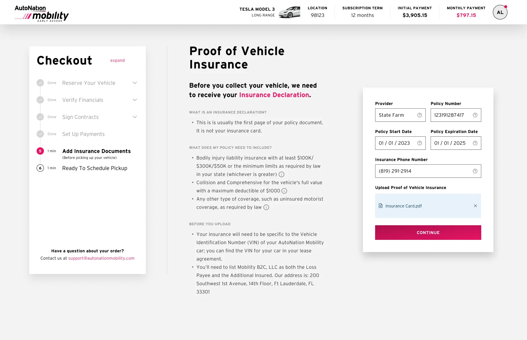 Proof of vehicle insurance form with provider, policy number, and dates