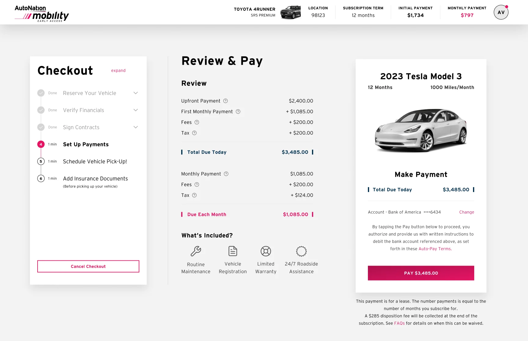 Review and pay: itemized totals due today and each month, what's included, and a pay button