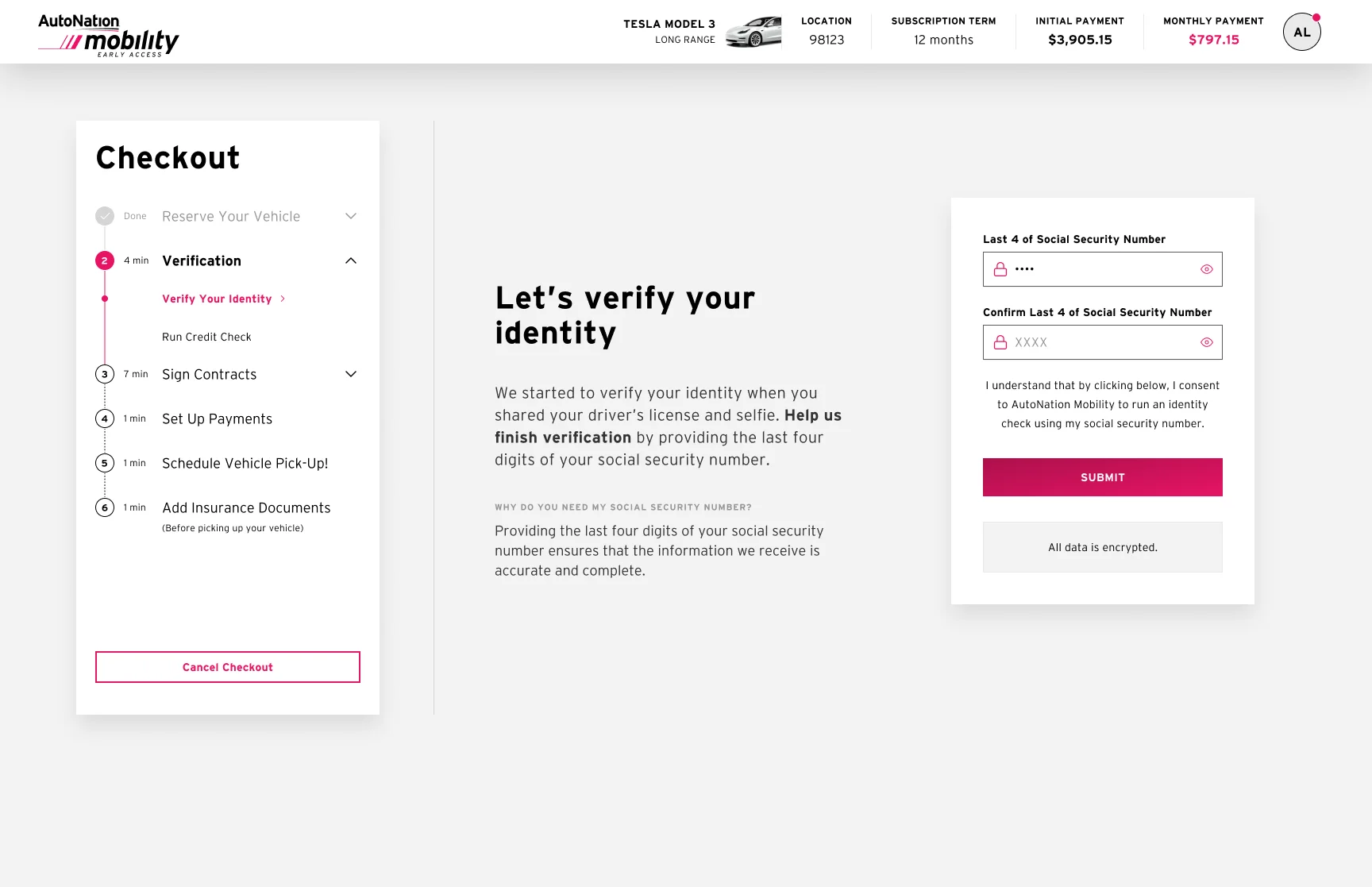 Identity verification step asking for the last four digits of a Social Security number