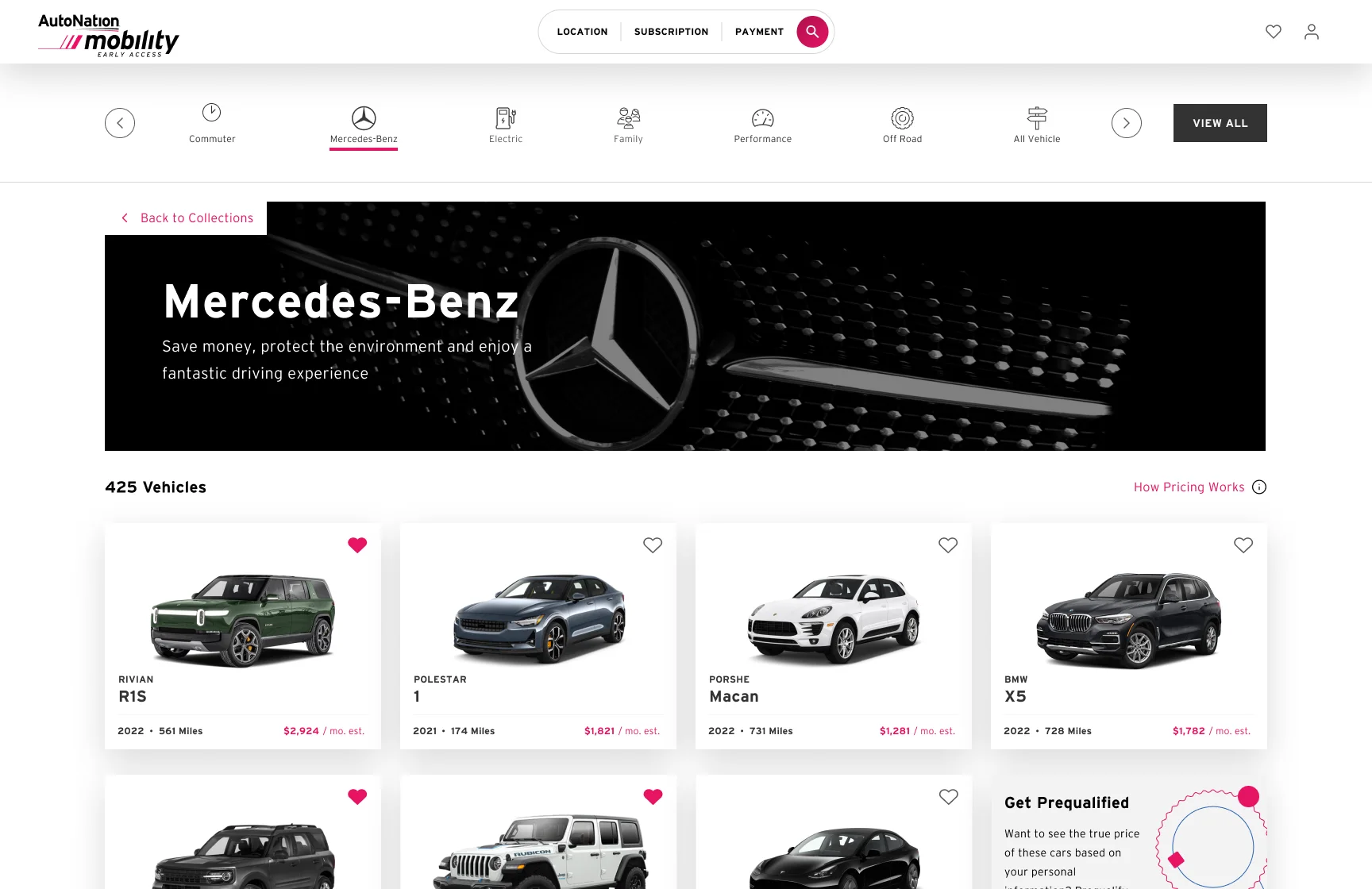 Mercedes-Benz collection page with a branded header and a grid of vehicles