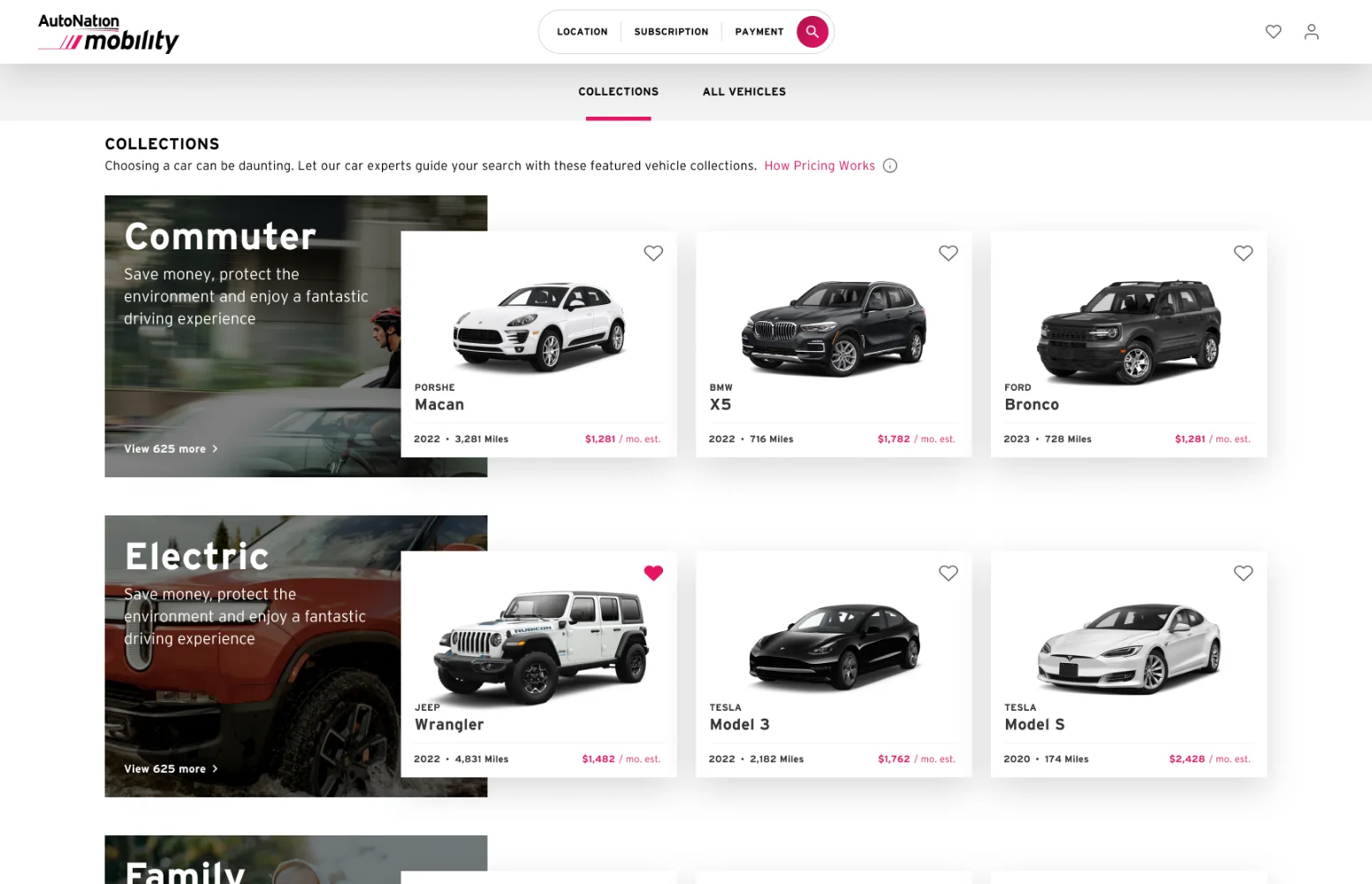 Collections page: curated rows for Commuter, Electric, Family, and more