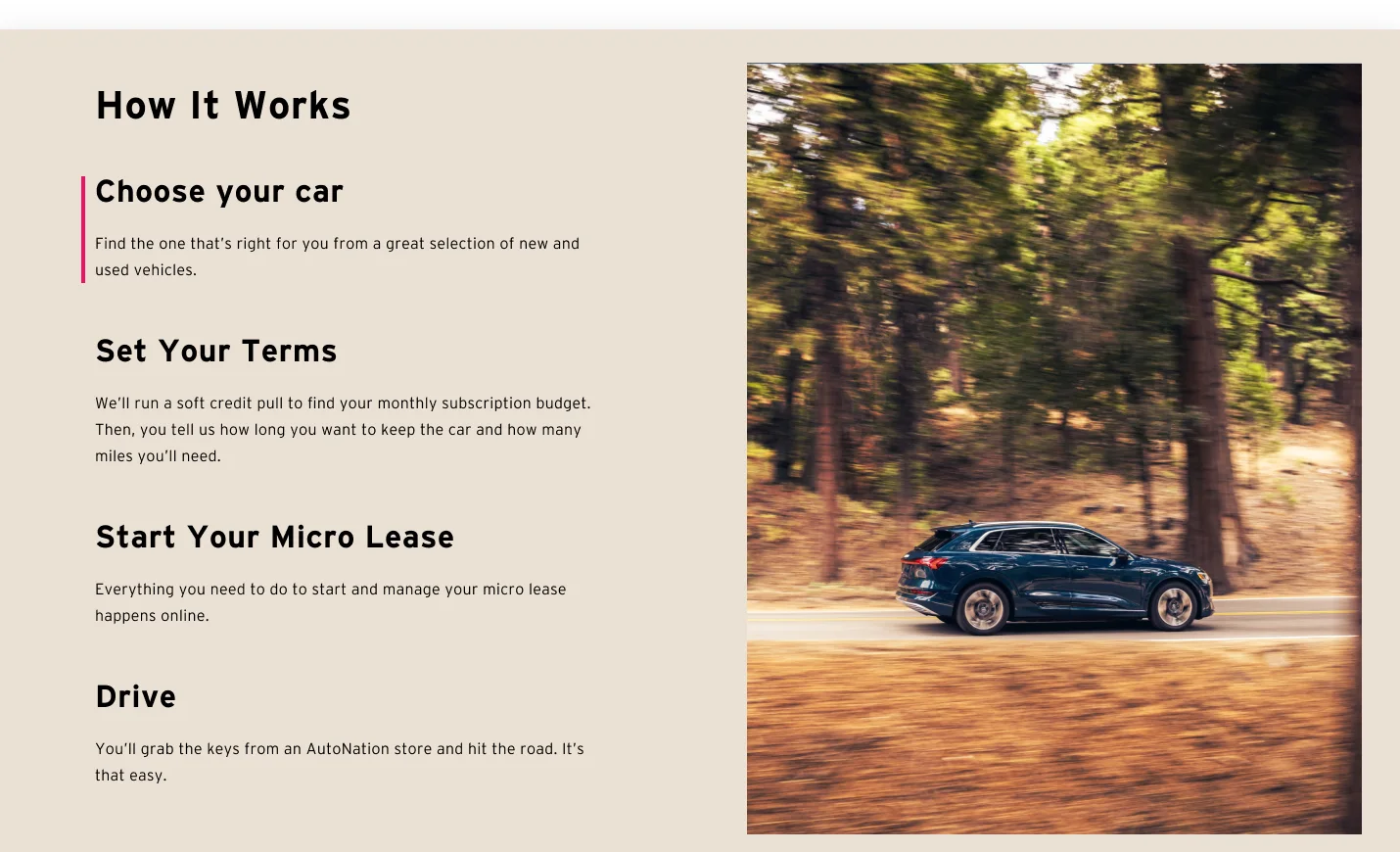 How it works: choose your car, set your terms, lease, and drive
