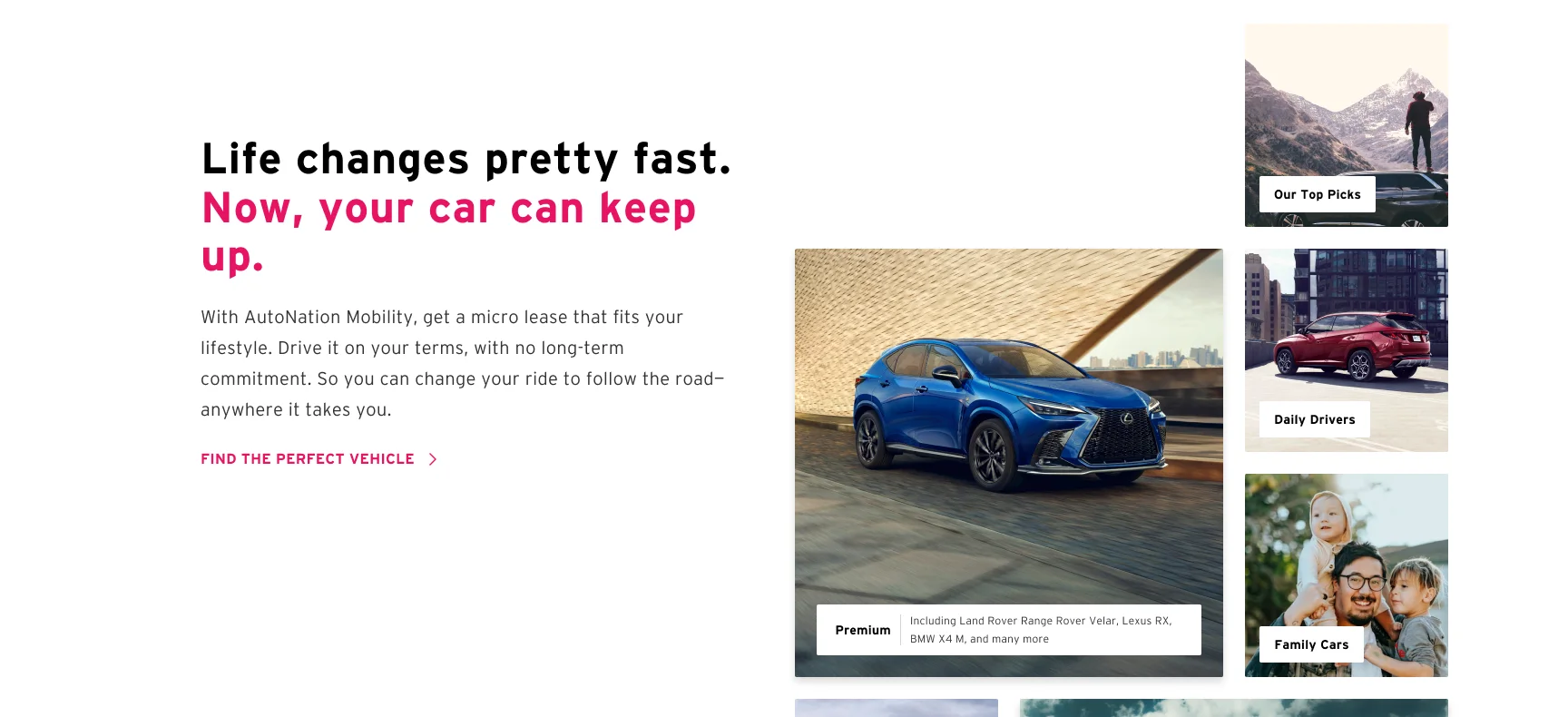 Homepage section 'Life changes pretty fast. Now, your car can keep up.' with collections for top picks, daily drivers, family cars, premium, and outdoor explorers