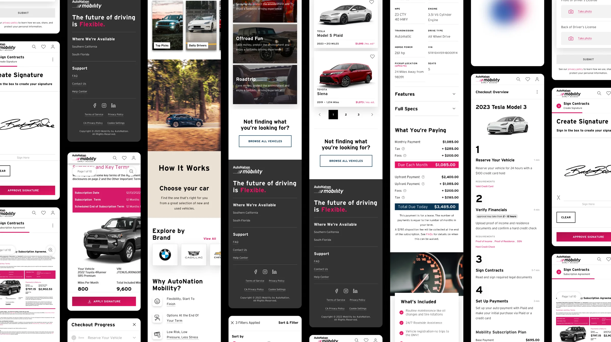 A wall of AutoNation Mobility mobile screens: eligibility, account creation, home, collections, vehicle detail, verification, and checkout