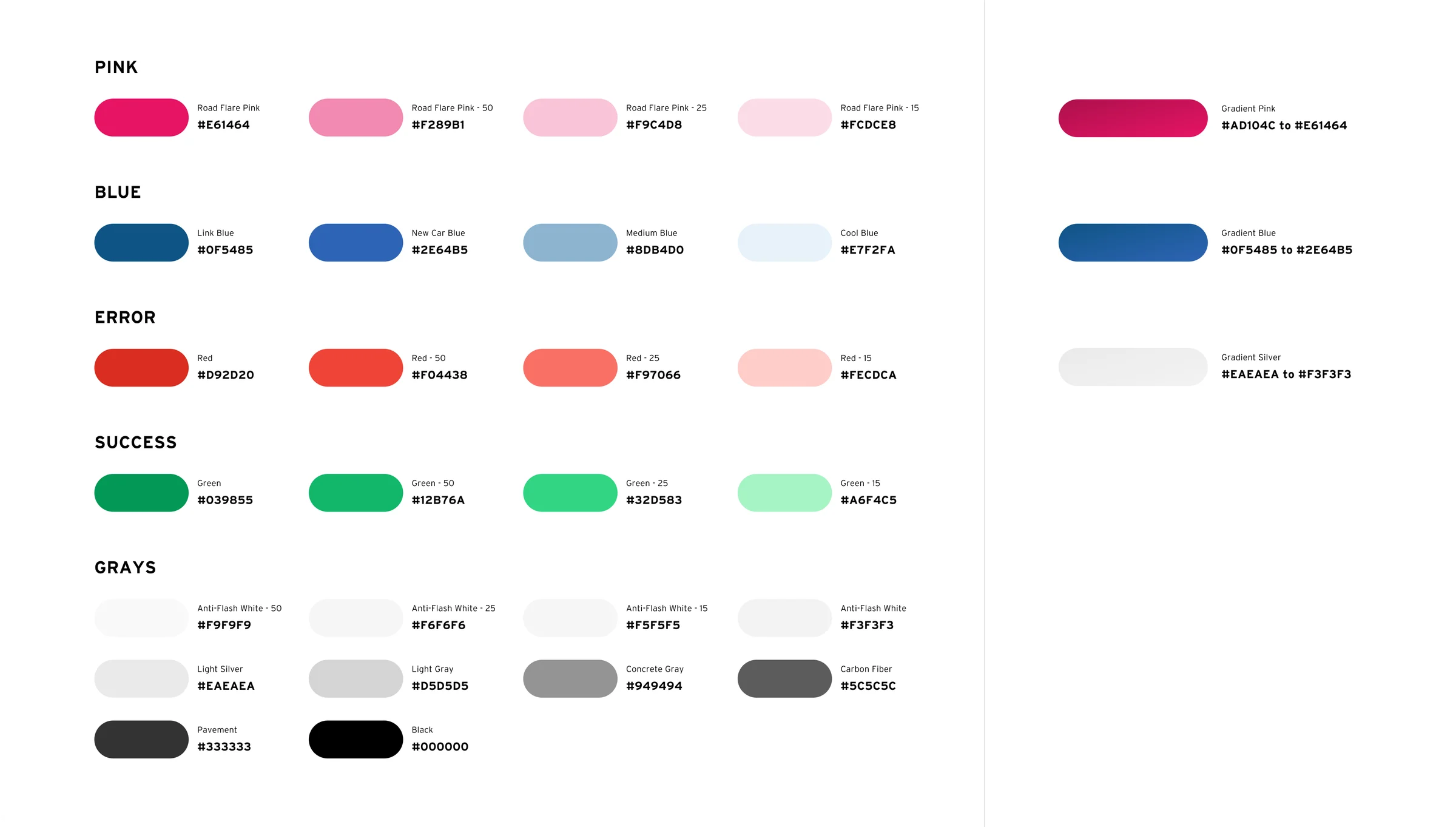AutoNation Mobility color system: Road Flare Pink, blues, status colors, and grays
