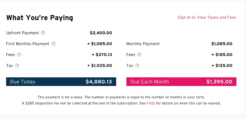 What You're Paying: itemized upfront payment, first month, fees, and tax, with Due Today and Due Each Month totals