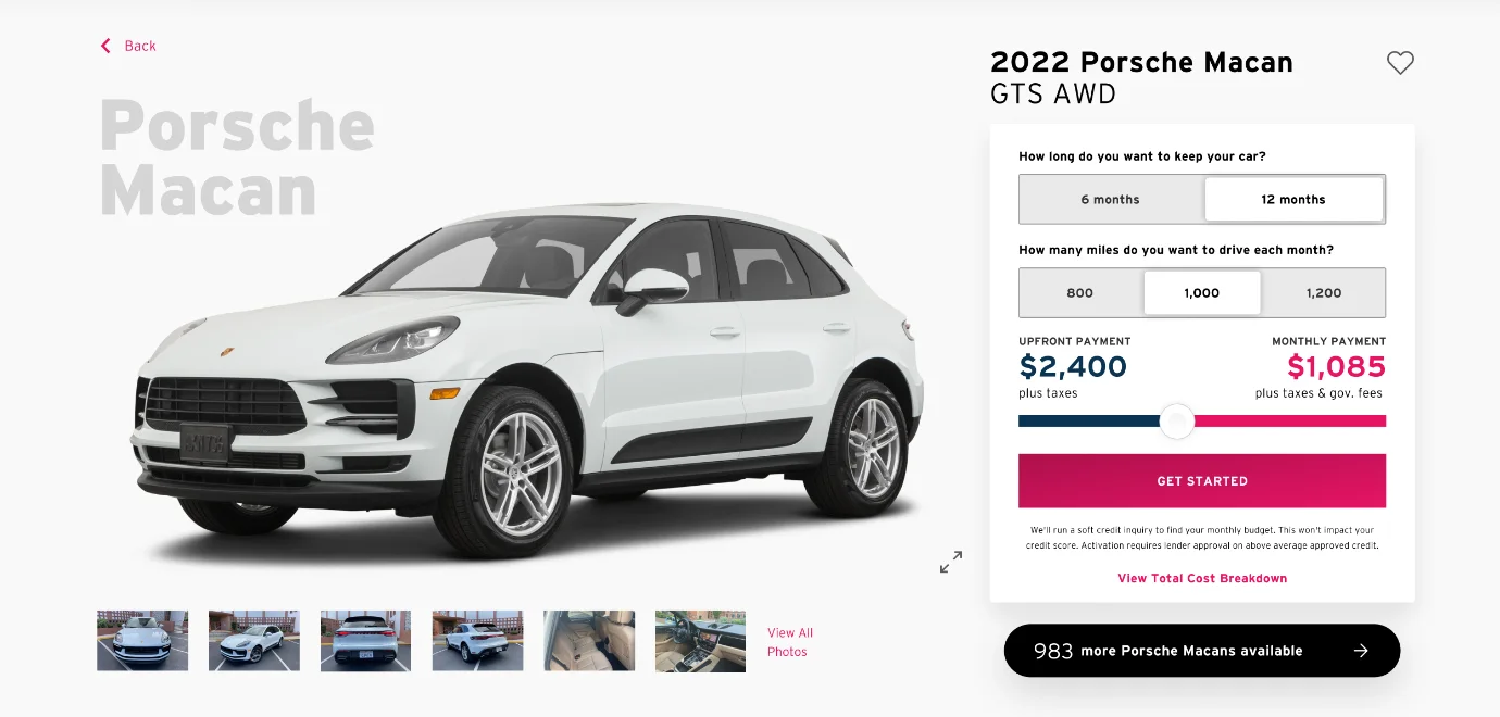 Vehicle detail page for a 2022 Porsche Macan with term and mileage selectors and live upfront and monthly pricing