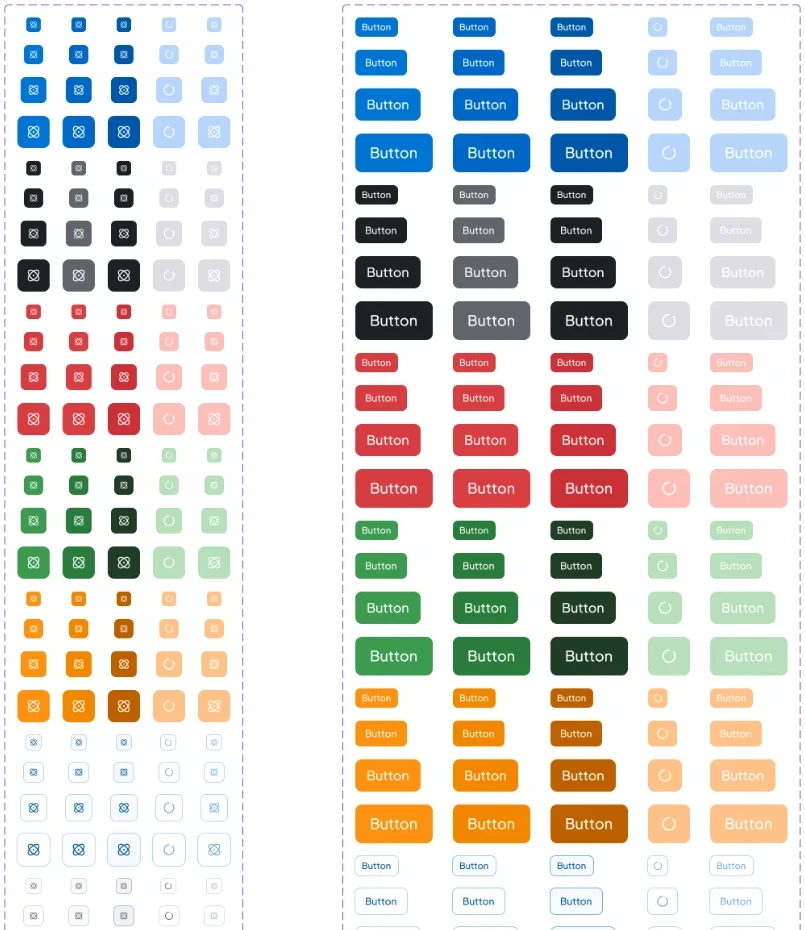 GiveCampus button matrix: icon and text buttons across five sizes, six color intents, and every state, including loading and disabled