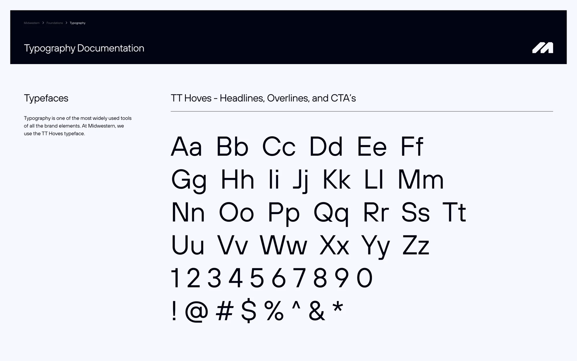 Typography documentation: TT Hoves specimen for headlines, overlines, and CTAs