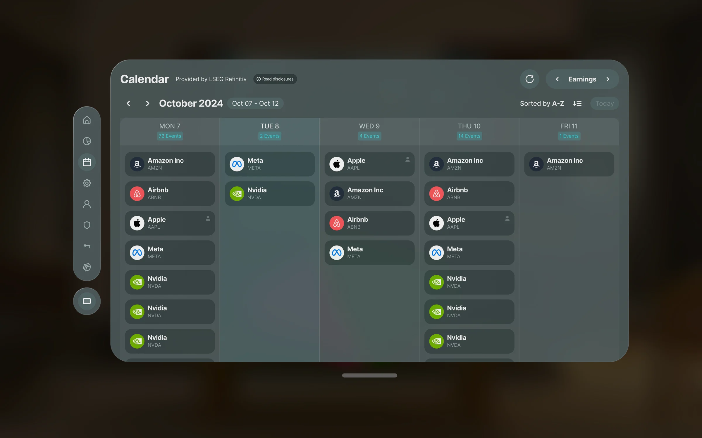Plynk earnings calendar window on Vision Pro, organized by day