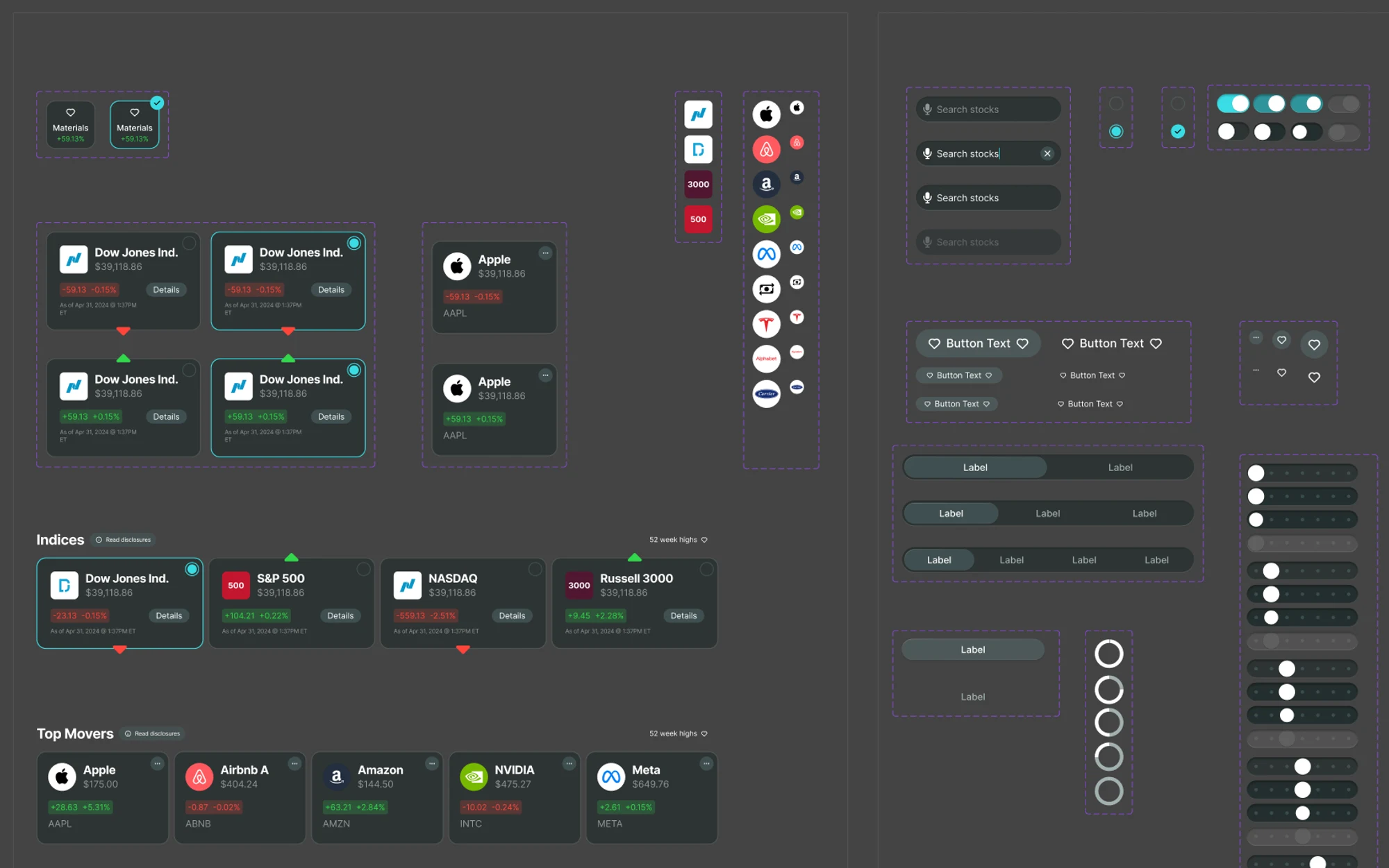 Plynk spatial component sheet: index and stock cards, top movers, search fields, segmented controls, toggles, and buttons