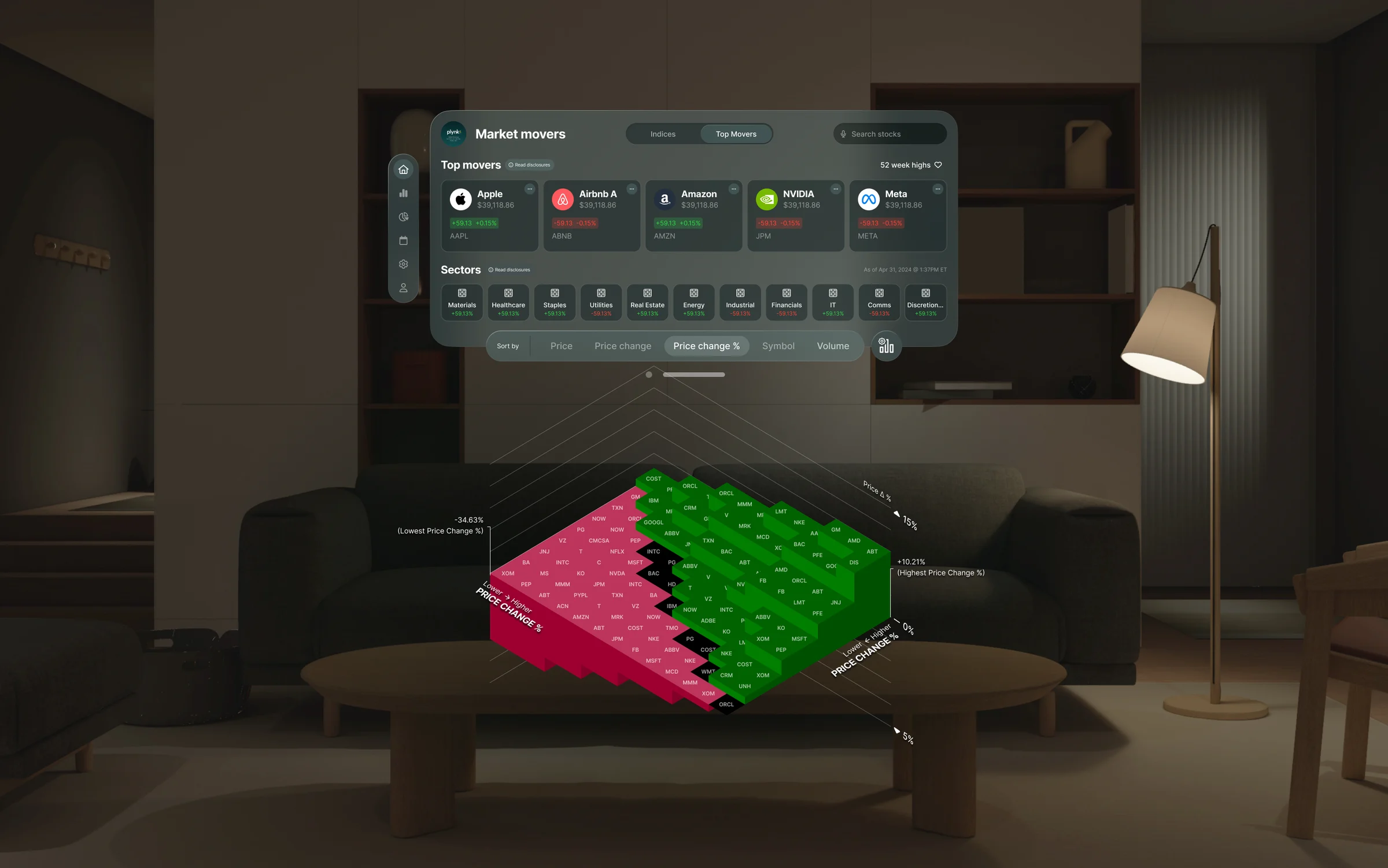 Plynk on Apple Vision Pro: a Market Movers window floating in a living room above a 3D heat map of stocks, with gains rising in green and losses sinking in red