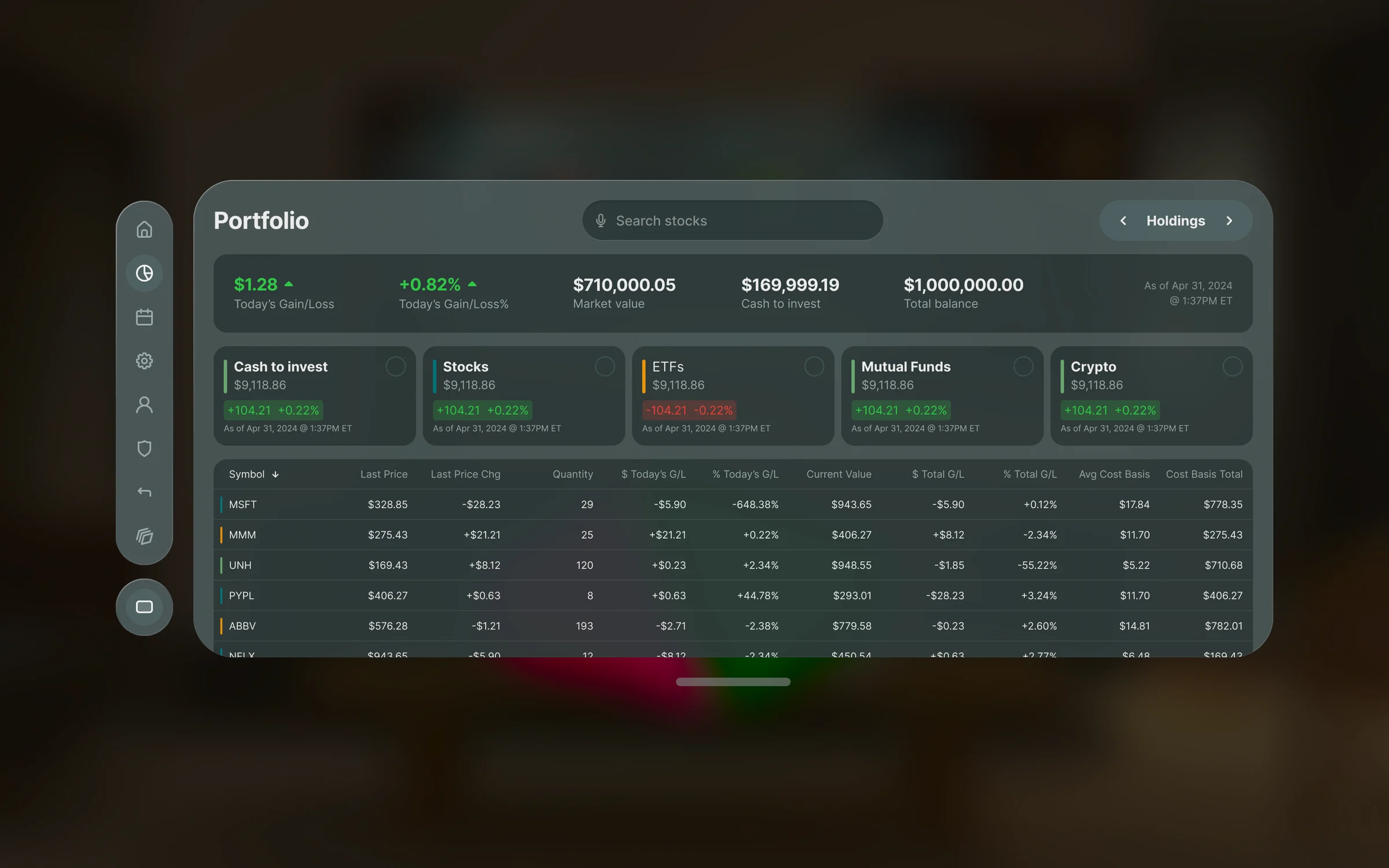 Plynk portfolio window on Vision Pro: today's gain and loss, cash, stocks, ETFs, mutual funds, crypto, and a holdings table