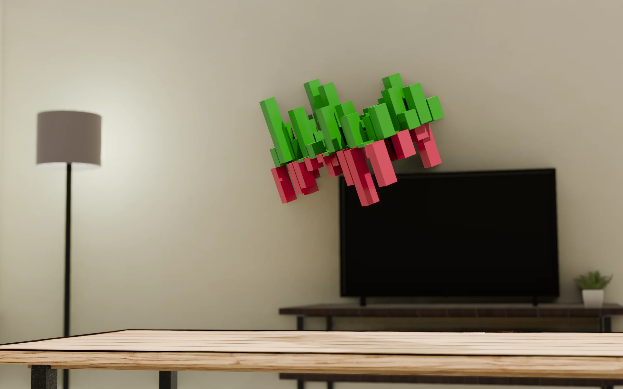 A 3D bar visualization of stock moves floating above a table in a living room
