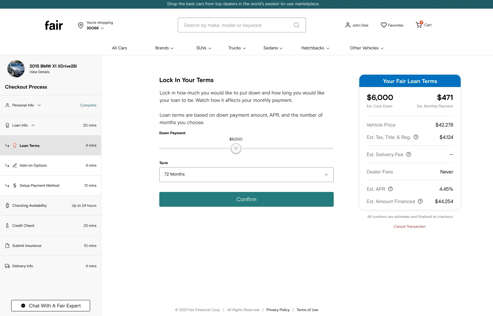 Fair checkout: lock in your loan terms with a down payment slider and term selector beside a live loan summary