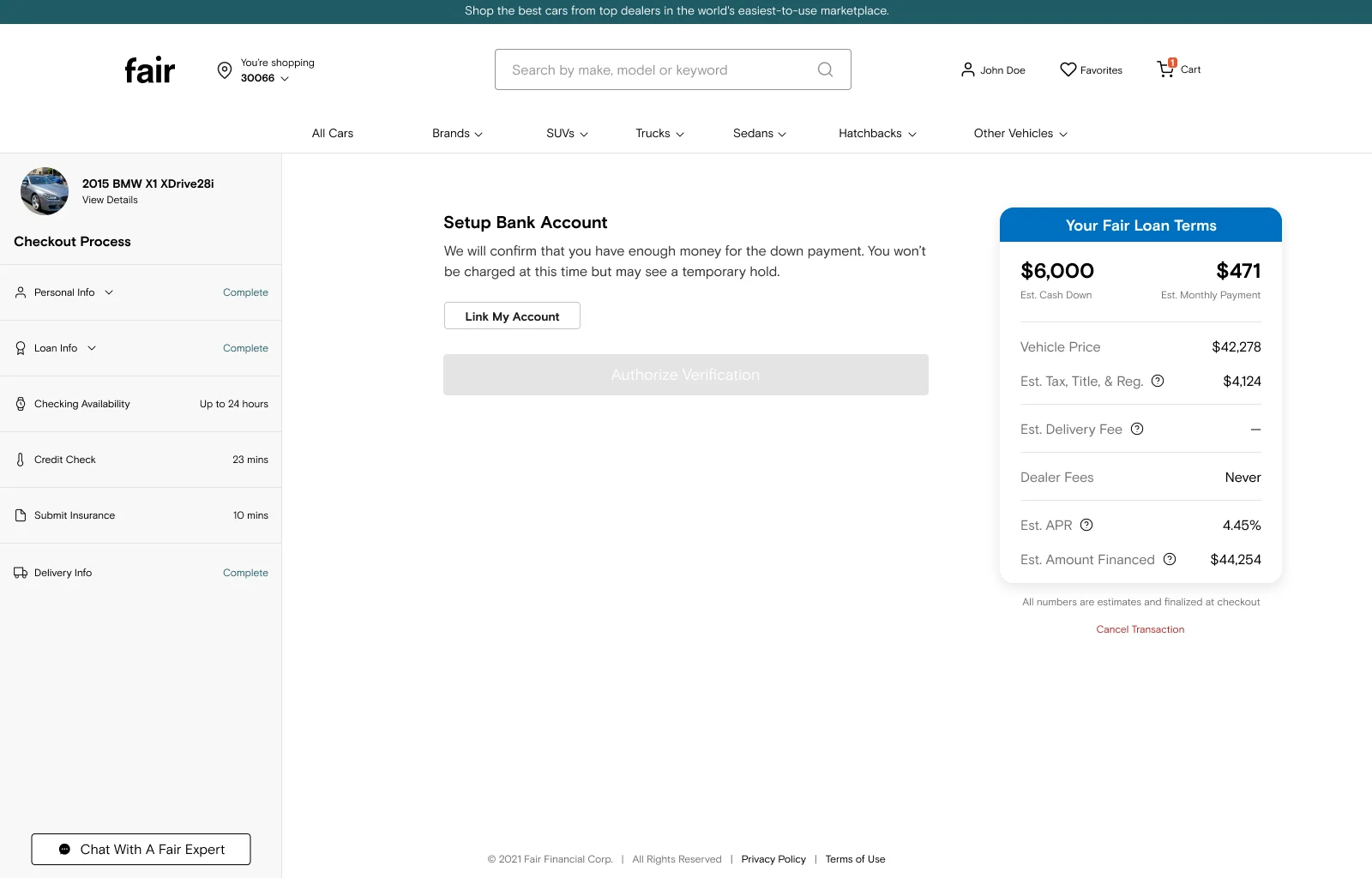 Fair checkout: set up a bank account for the down payment